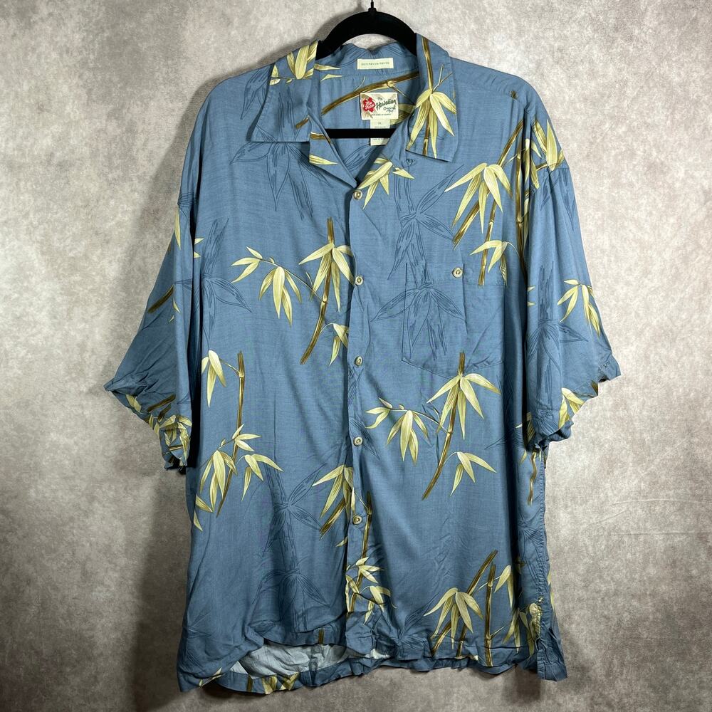 Hilo Hattie Hawaiian Shirt Mens Size XL Blue Tropical Leaf Vacation Resort Beach